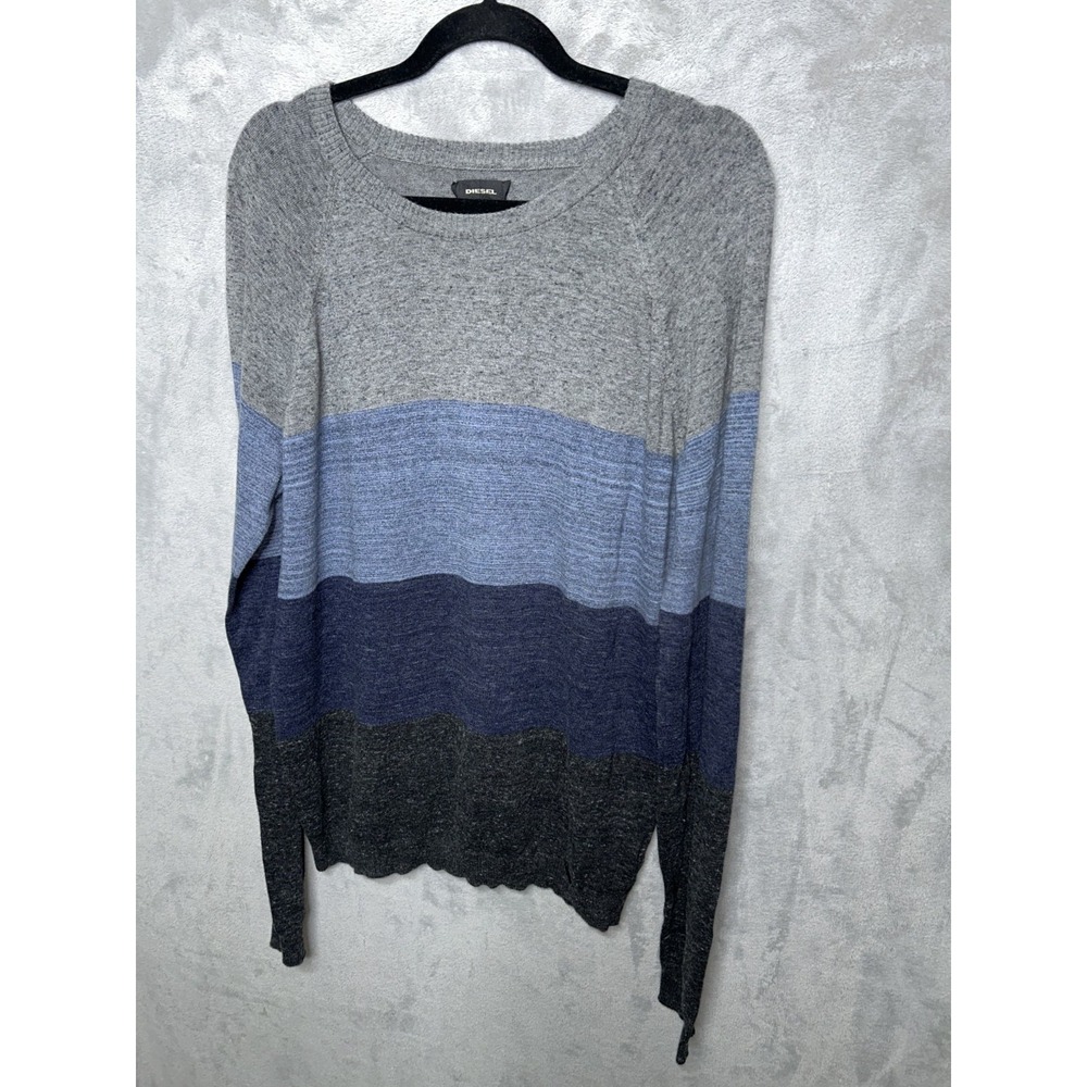Diesel Sweater Mens L Blu Gray Crewneck Pullover Colorblock Cotton Blend Stretch